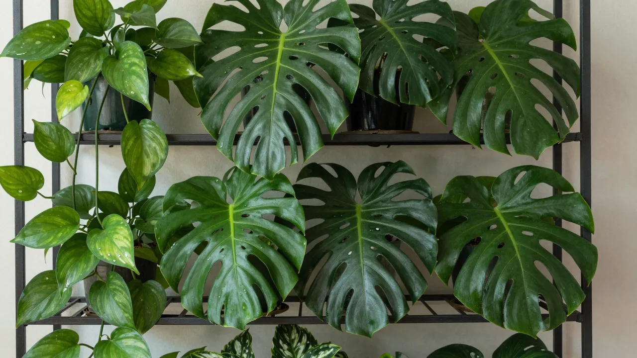 Lush pothos and monstera houseplants sit neatly arranged on a dark metal shelving unit against a plain light wall.