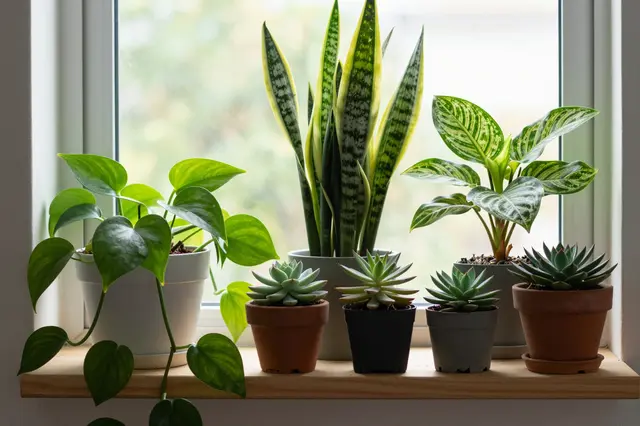 Potted houseplants including pothos, snake plant and succulents arranged on a sunlit wooden window shelf