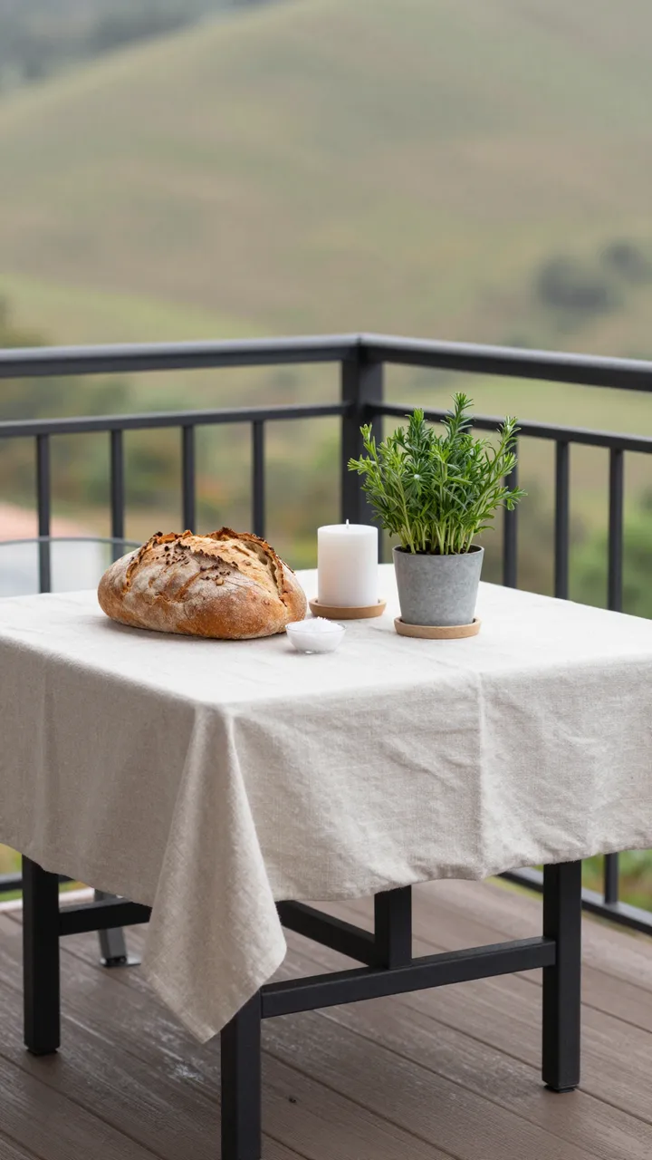 A linen-covered balcony table holds sourdough bread, salt, a candle and potted herb with rolling hills beyond