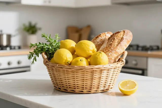 Wicker basket of lemons, crusty bread and fresh herbs sits on a bright kitchen island in soft morning light