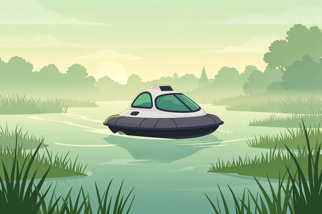 A hovercraft skims across calm misty marsh water under a soft dawn sky lined with trees