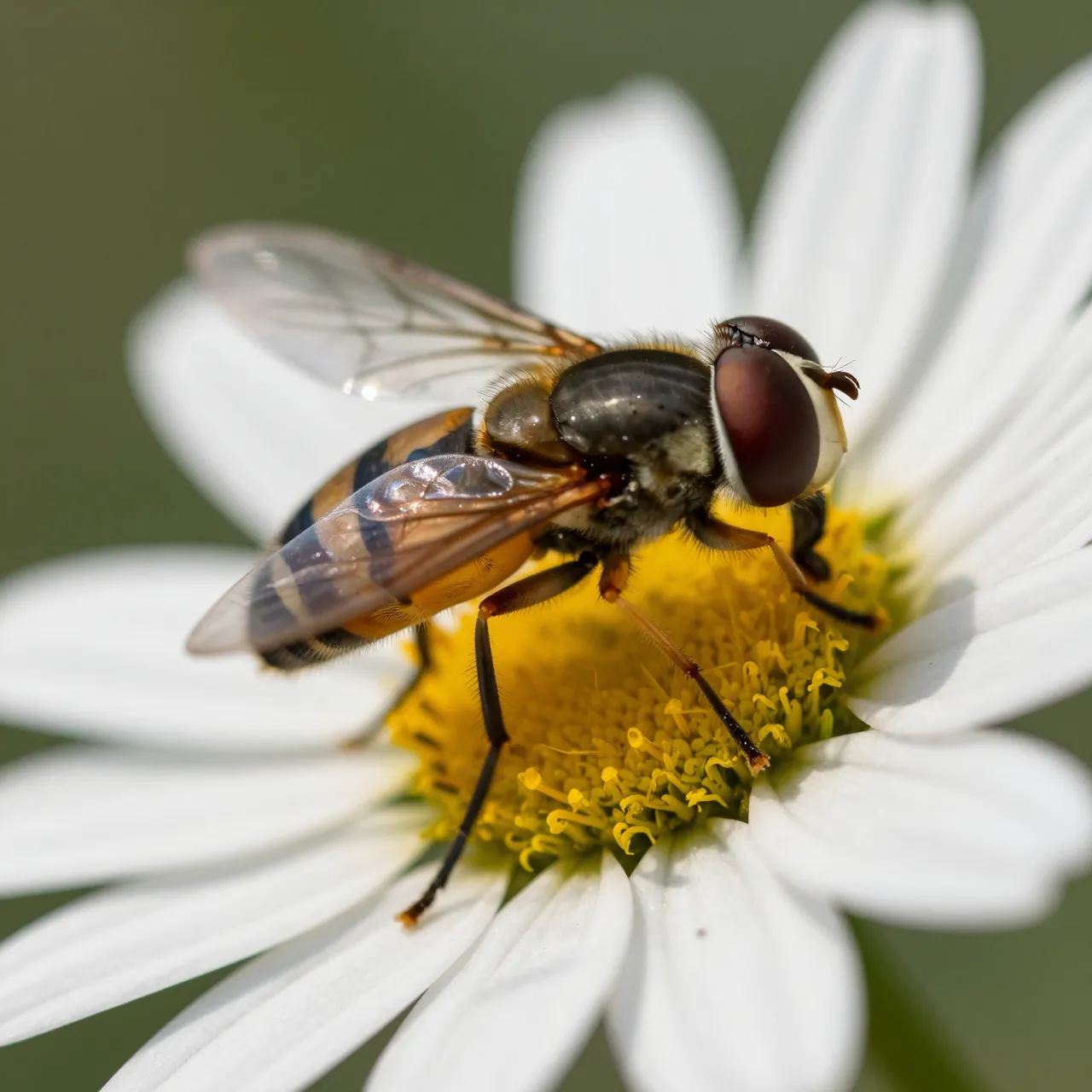 A close-up macro shot of a striped hoverfly resting on the yellow center of a white daisy flower.