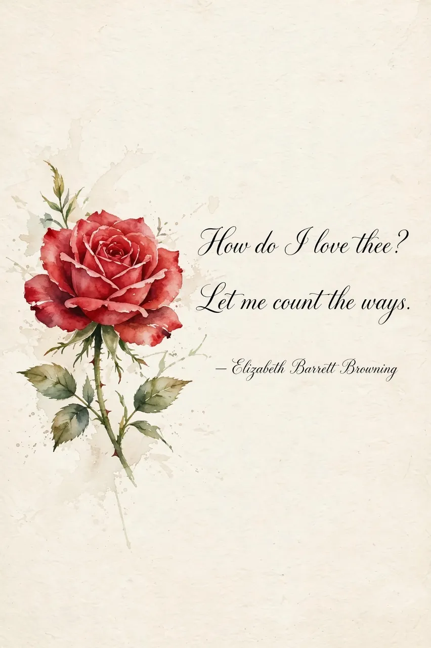 Watercolor red rose beside elegant script text reading "How do I love thee? Let me count the ways." on cream textured paper.