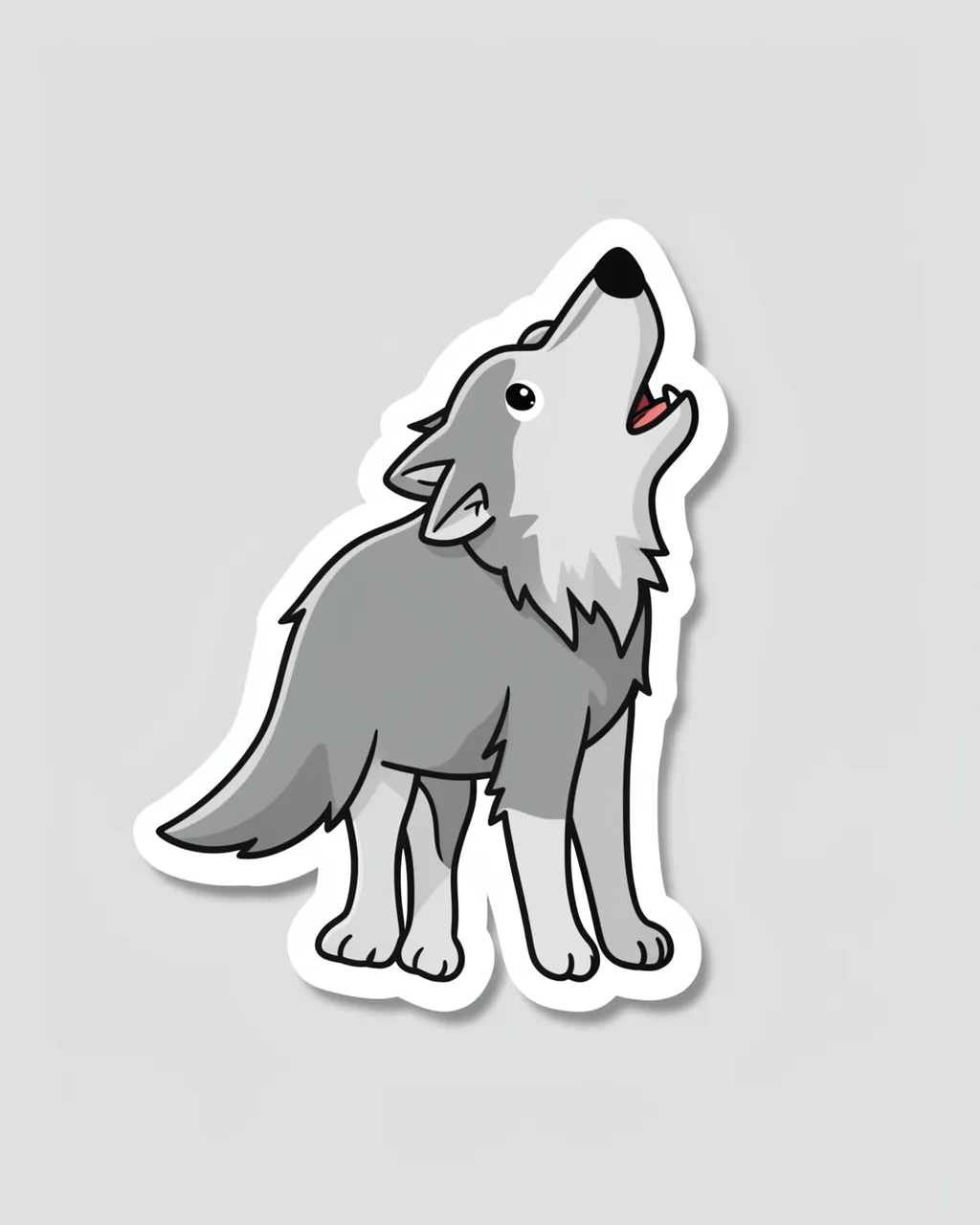 Cute flat illustration of a howling gray wolf die-cut sticker with a white border on a light gray background