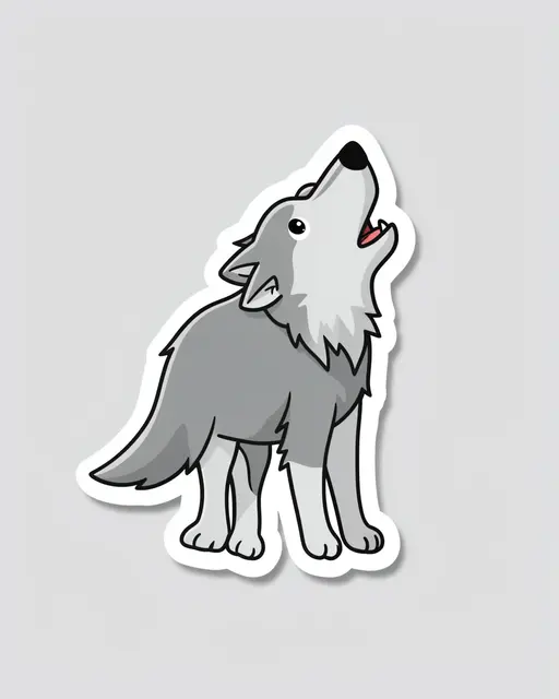 Cute flat illustration of a howling gray wolf die-cut sticker with a white border on a light gray background