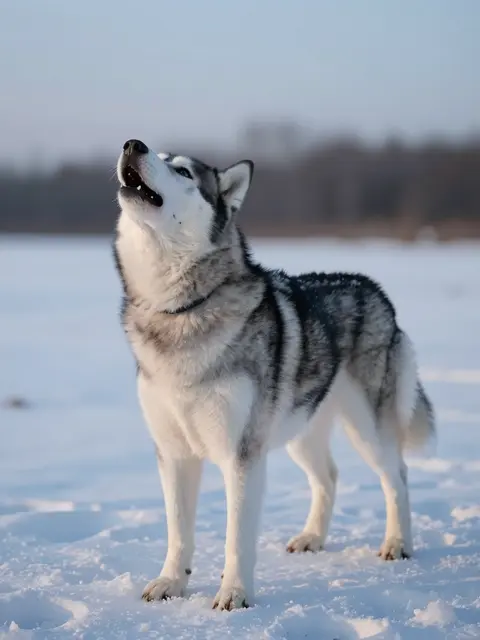A siberian husky stands on snow and howls under a pale dusk sky with distant treeline.