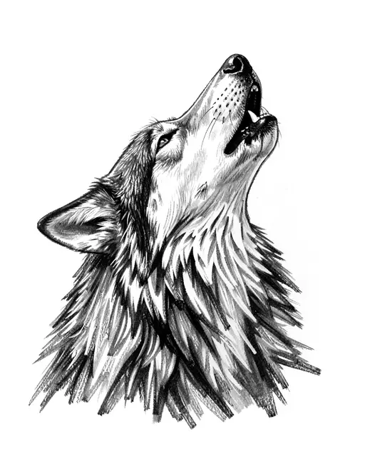 Charcoal sketch of a wolf with its muzzle raised upward as it howls on plain white paper