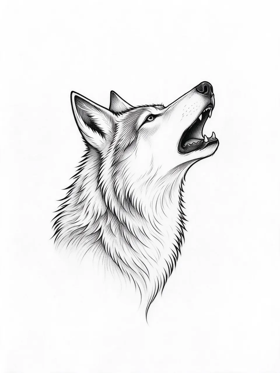 Black fine line illustration of a wolf head in profile howling upward on plain white paper