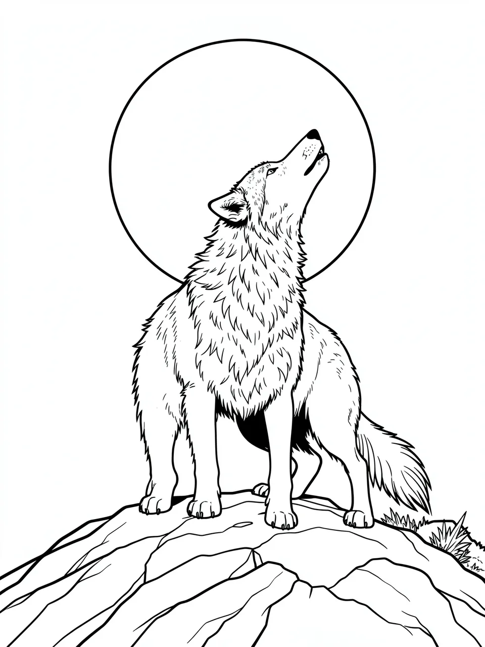 Black and white line art of a howling wolf standing on rocks beneath a full moon on a plain white background