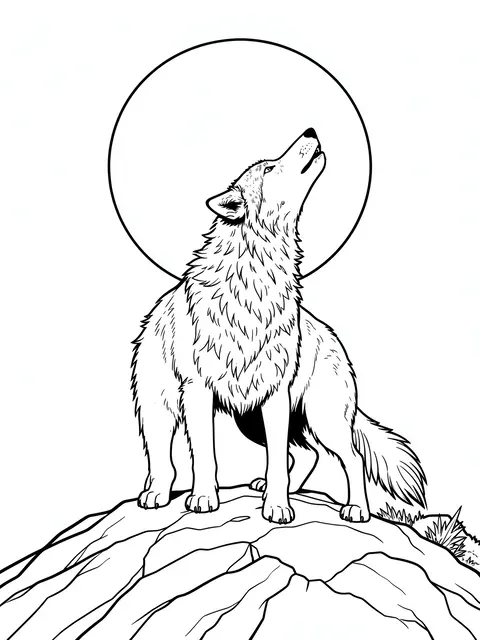 Black and white line art of a howling wolf standing on rocks beneath a full moon on a plain white background