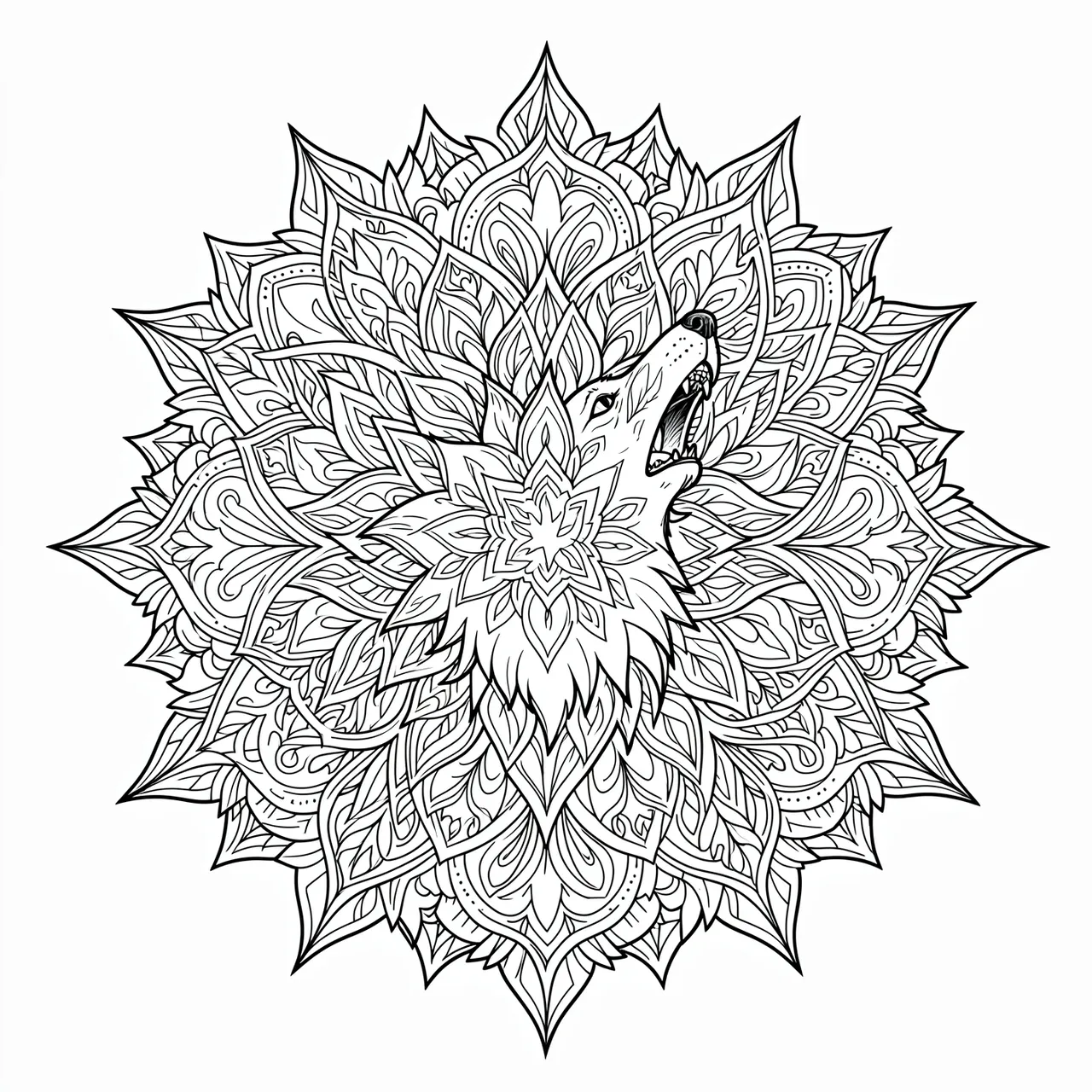Black and white line art of a howling wolf integrated into an intricate circular mandala pattern on a white background