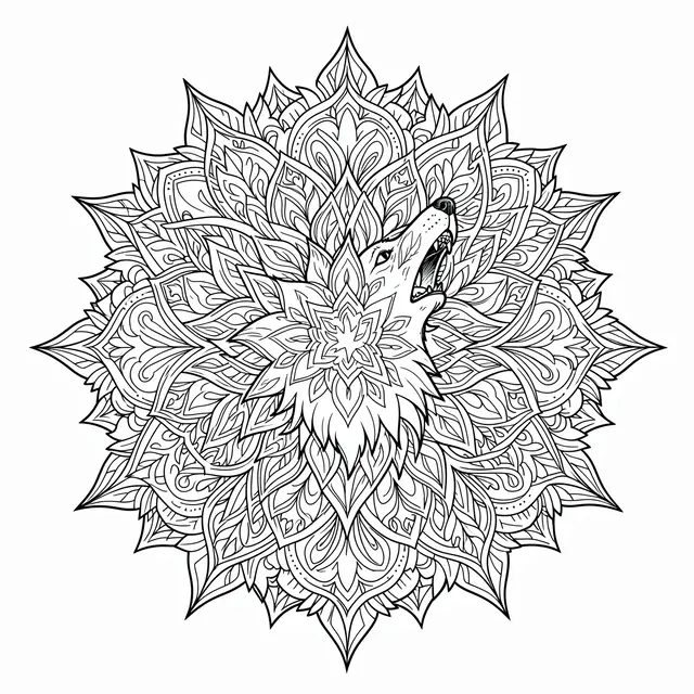 Black and white line art of a howling wolf integrated into an intricate circular mandala pattern on a white background