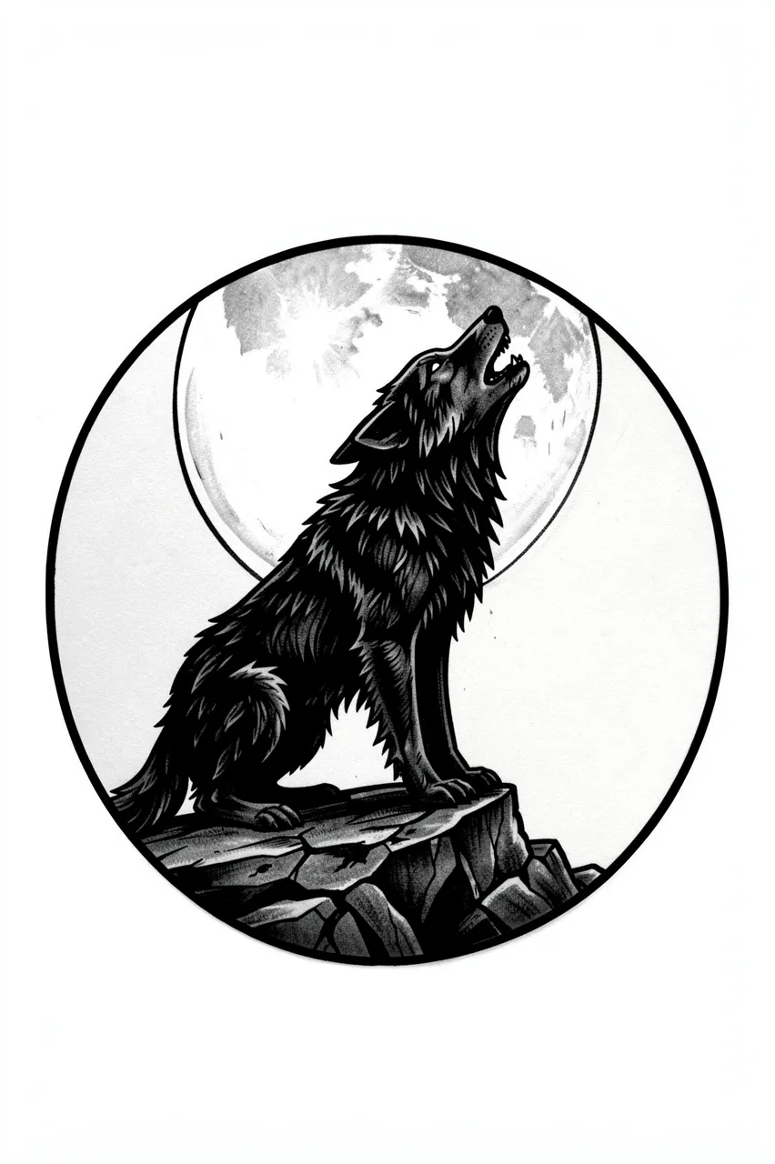Black ink illustration of a howling wolf on a rocky ledge beneath a full moon inside a thin circular border