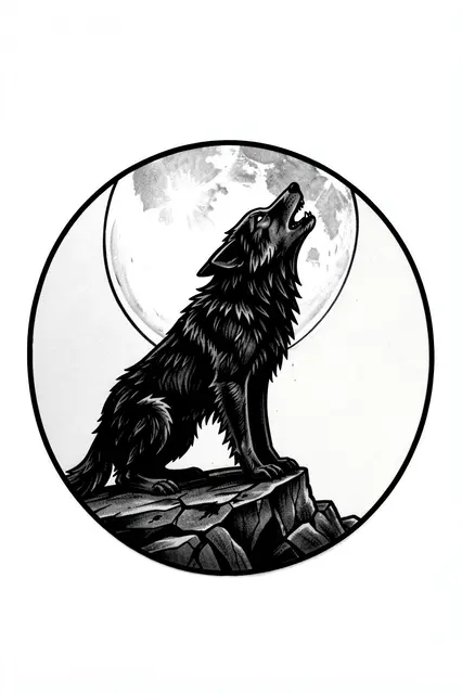 Black ink illustration of a howling wolf on a rocky ledge beneath a full moon inside a thin circular border