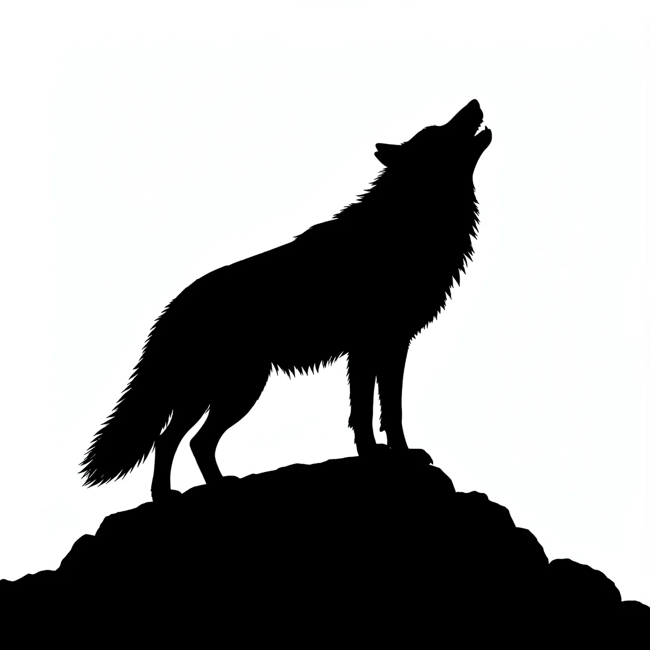 Solid black silhouette of a howling wolf standing on a rocky ledge against a plain white background