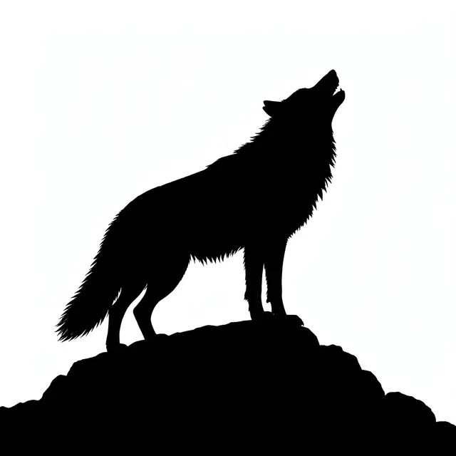 Solid black silhouette of a howling wolf standing on a rocky ledge against a plain white background
