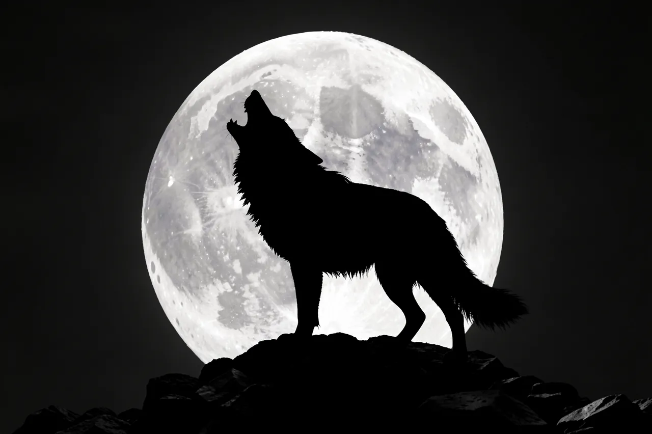 Black silhouette of a howling wolf standing on a rocky outcrop before a large bright full moon in a dark night sky