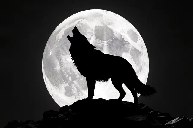 Black silhouette of a howling wolf standing on a rocky outcrop before a large bright full moon in a dark night sky