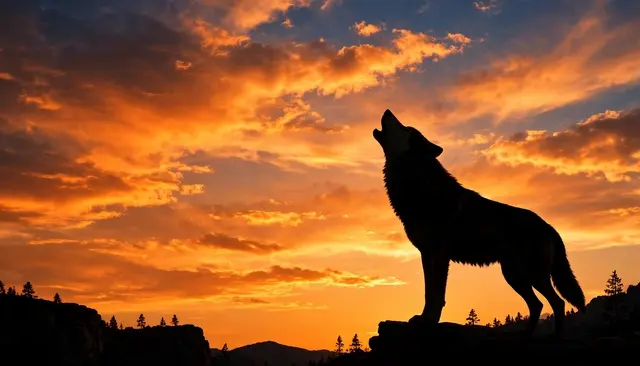 A dark wolf silhouette howls from a rock against a glowing orange and blue twilight sunset sky