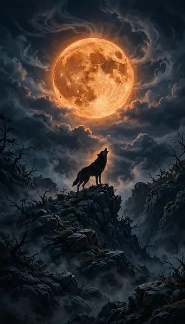 A wolf stands silhouetted on a rocky ridge howling beneath a giant glowing orange moon and swirling night clouds