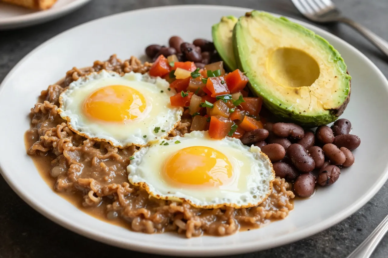 A white plate holds sunny side up eggs, beans, avocado, salsa and a savoury base on a dark stone table.