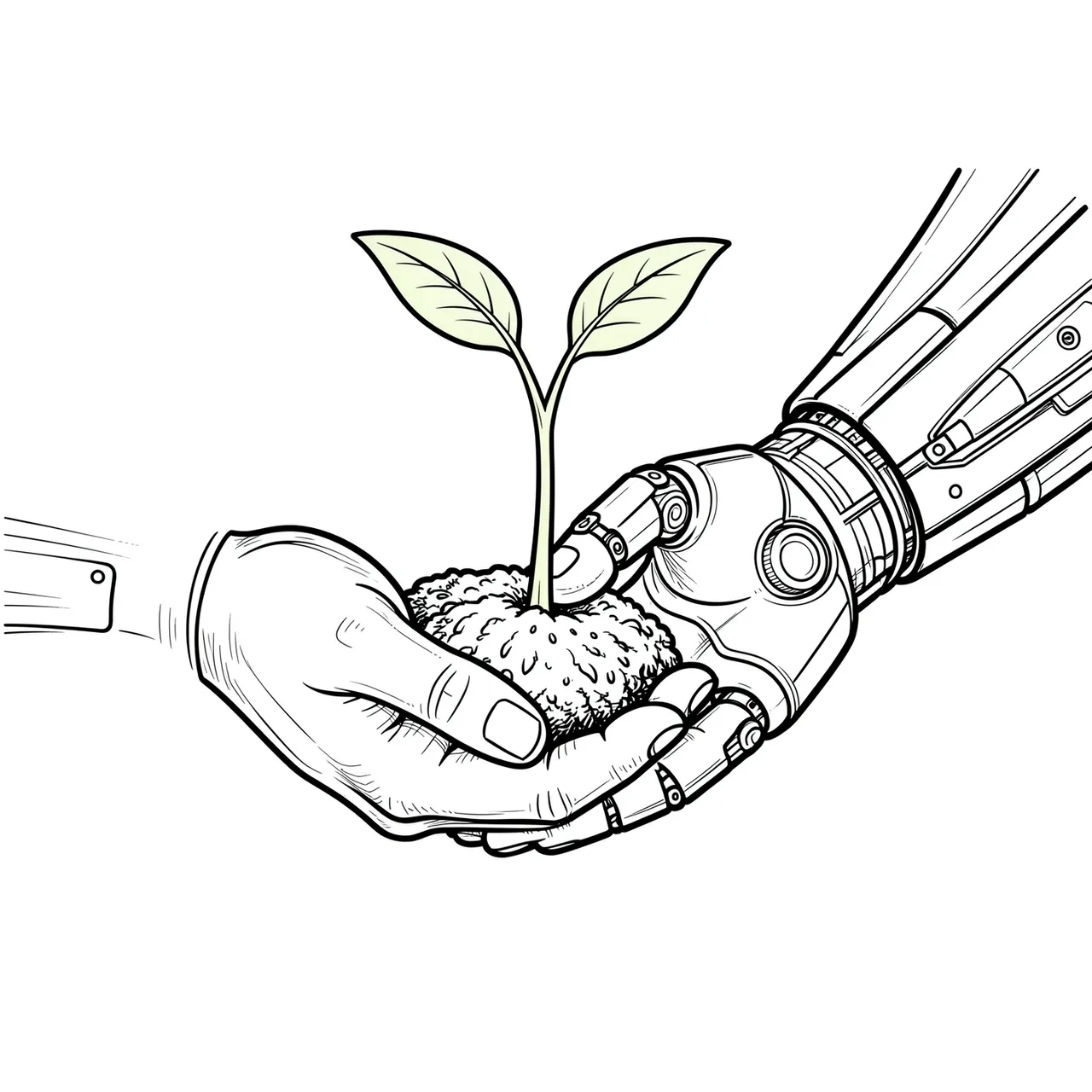 Line art illustration of a human hand and robotic hand cupping a small sprouting seedling together