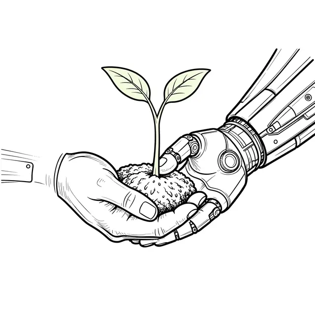 Line art illustration of a human hand and robotic hand cupping a small sprouting seedling together