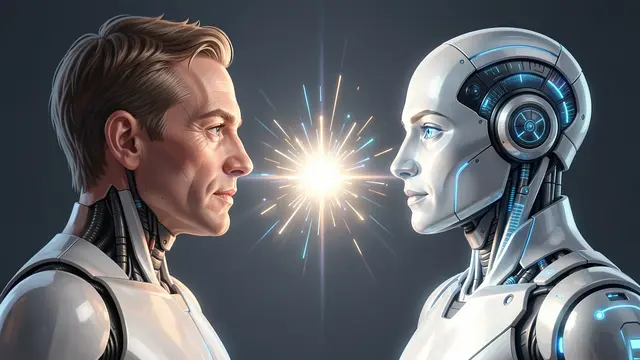 Profile view of a humanoid figure and an android facing each other with a bright glowing spark between them