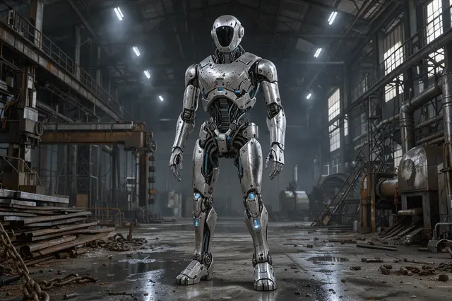 A sleek silver humanoid robot stands centered in a dim, rusted industrial warehouse interior