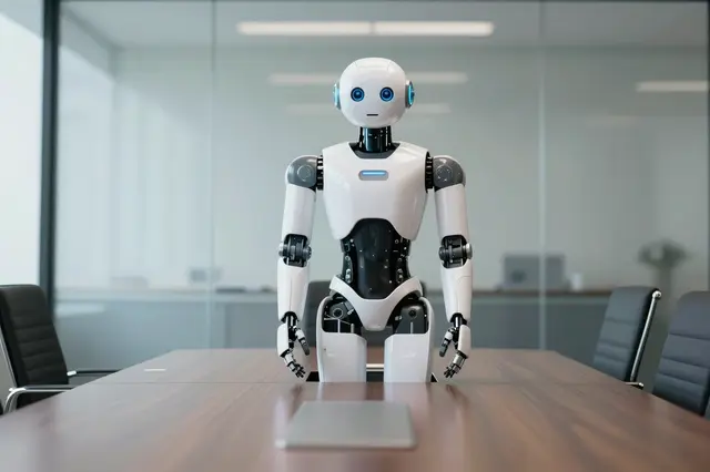 A white humanoid robot stands at the head of a wooden conference table in a glass-walled office meeting room