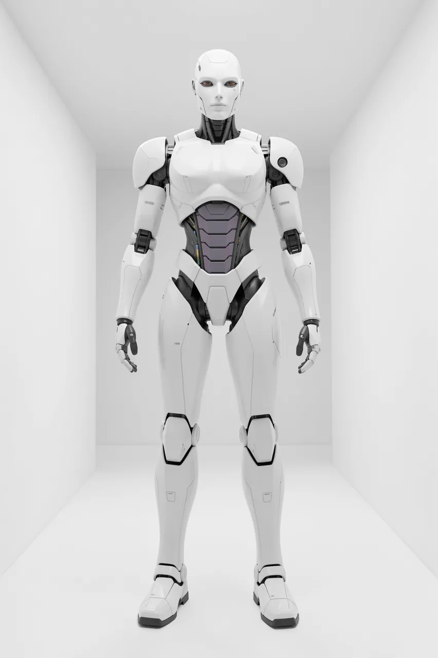 A sleek white humanoid robot stands centered inside a minimal empty white corridor