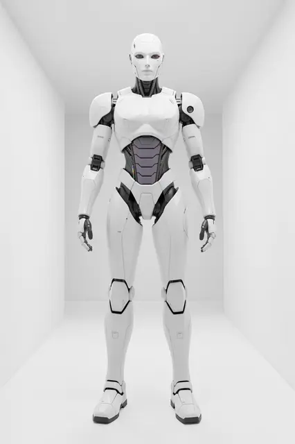 A sleek white humanoid robot stands centered inside a minimal empty white corridor