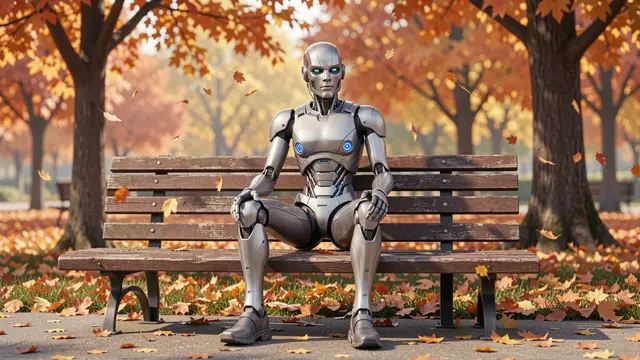 A metallic humanoid robot sits on a wooden park bench as autumn leaves fall around it