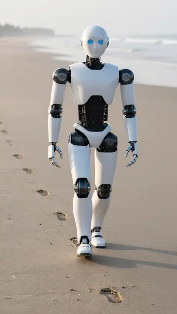 A white humanoid robot walks along a sandy beach at sunrise leaving footprints behind it