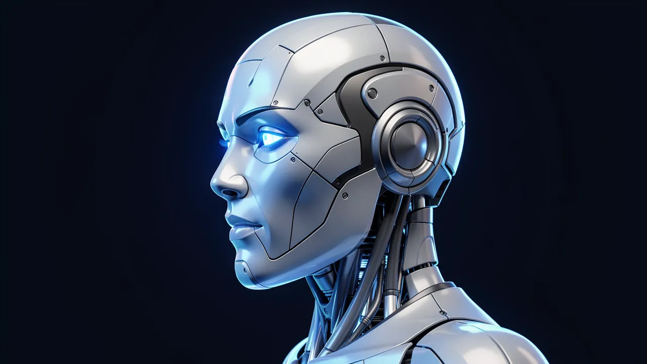 Side profile of a metallic humanoid robot head with glowing blue eye lighting against a dark background