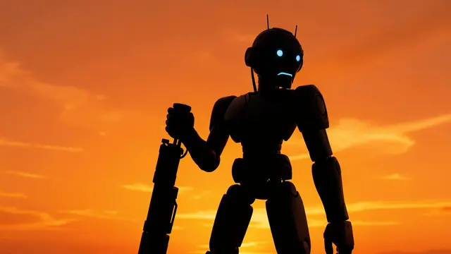Silhouette of a humanoid robot with glowing blue eyes standing against a bright orange sunset sky