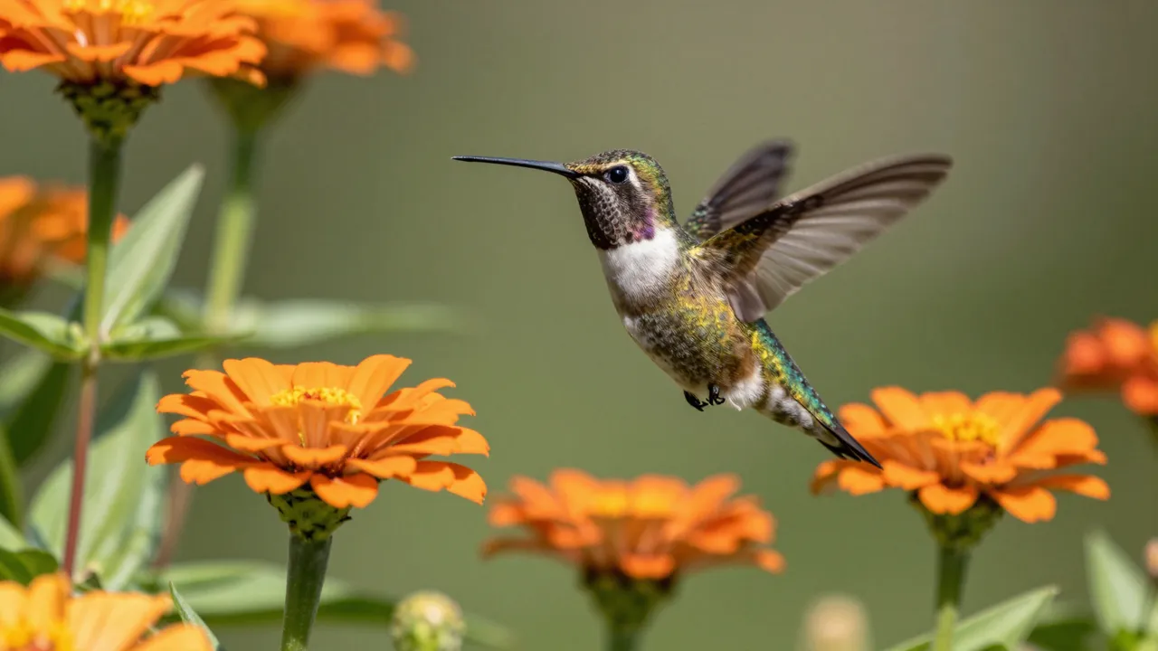 A side view hummingbird hovers with motion-blurred wings among bright orange zinnia flowers in sunny summer light.
