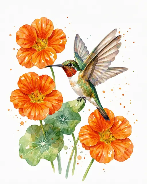 Watercolor painting of a flying hummingbird beside bright orange nasturtium flowers on white paper with paint splatters