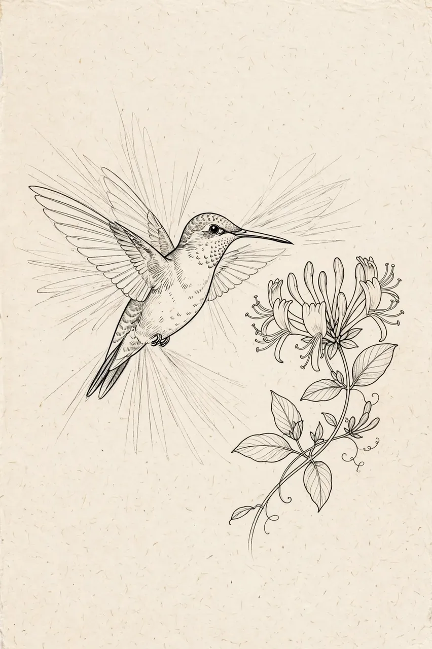 Fine line drawing of a hovering hummingbird beside a honeysuckle bloom on textured cream paper