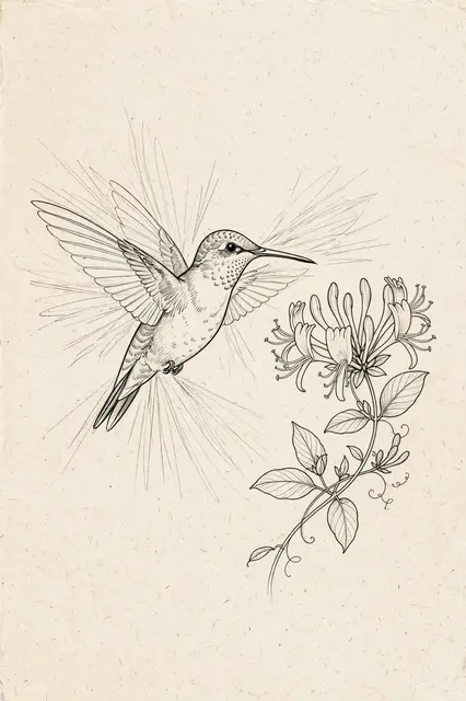 Fine line drawing of a hovering hummingbird beside a honeysuckle bloom on textured cream paper
