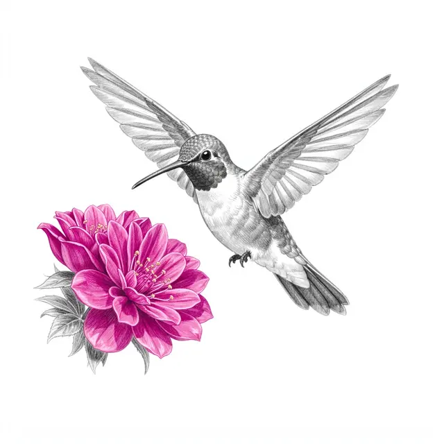 Graphite sketch of a hovering hummingbird beside a vibrant pink fuchsia-style blossom on plain white paper