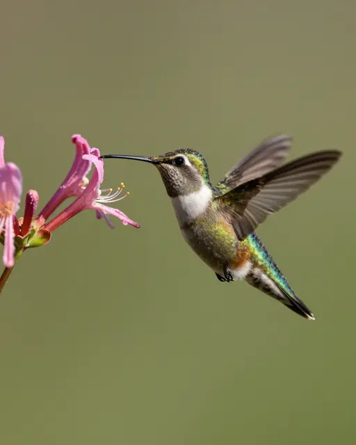 Shimmering green hummingbird hovers to feed from a pink honeysuckle bloom in soft morning light
