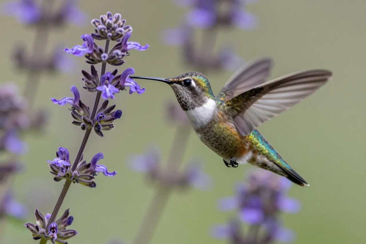 A hummingbird hovers mid-flight feeding from the bloom of a purple salvia flower