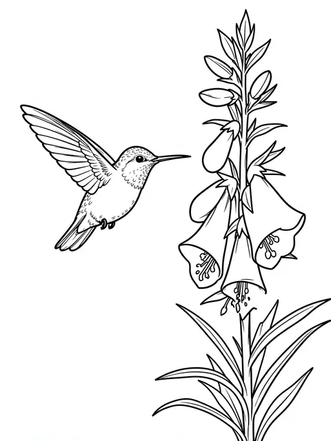 Black and white line art of a hovering hummingbird next to a tall foxglove flower stalk on a plain white background.
