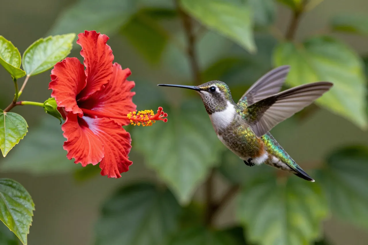 A hummingbird hovers with spread wings next to a bright red hibiscus in a green leafy garden.