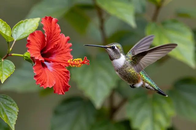 A hummingbird hovers with spread wings next to a bright red hibiscus in a green leafy garden.