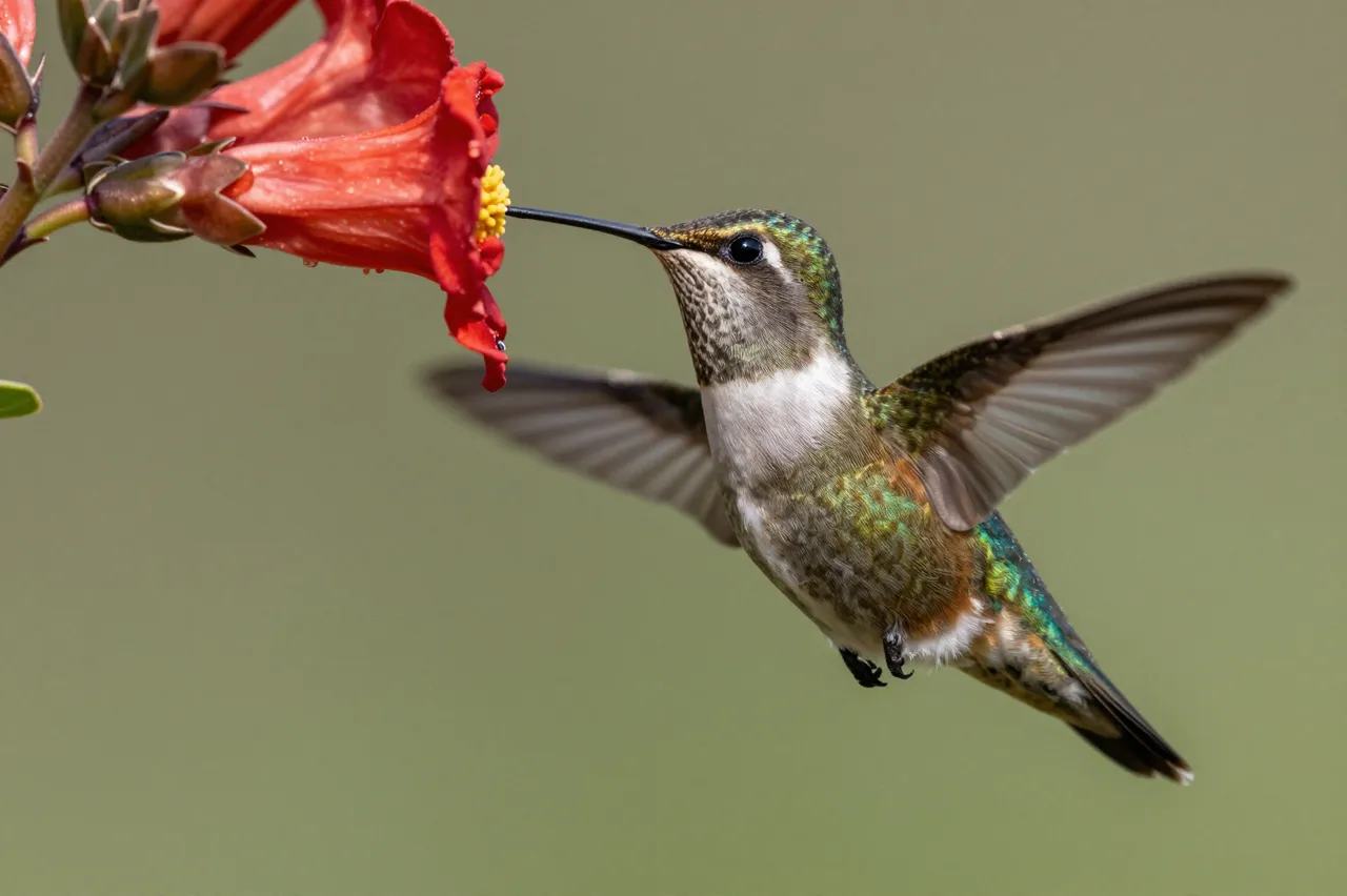 A hummingbird hovers mid-flight feeding nectar from a bright red trumpet flower against a soft blurred green background.