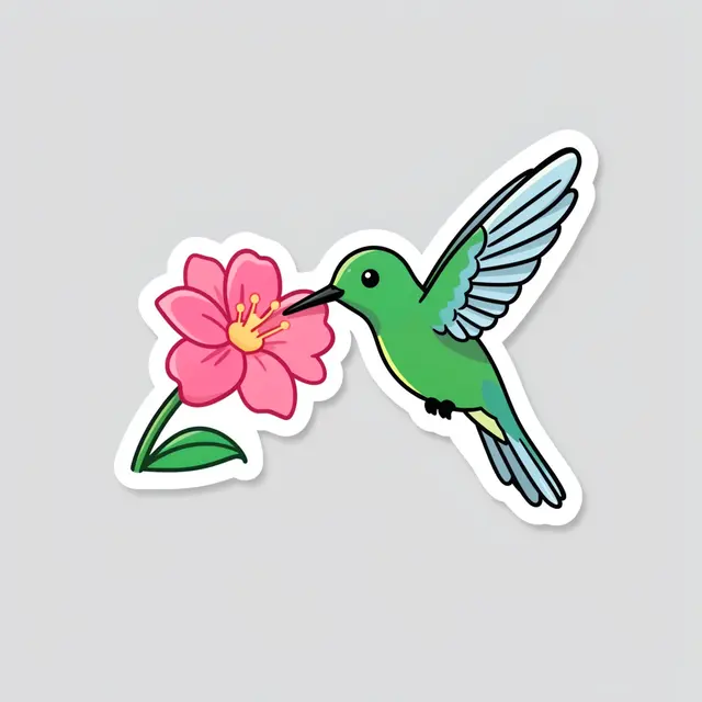 Cute flat illustration sticker of a hummingbird sipping nectar from a pink flower on a light gray background