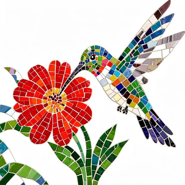 Colorful glass tile mosaic of a hummingbird sipping nectar from a bright red flower on a plain white background