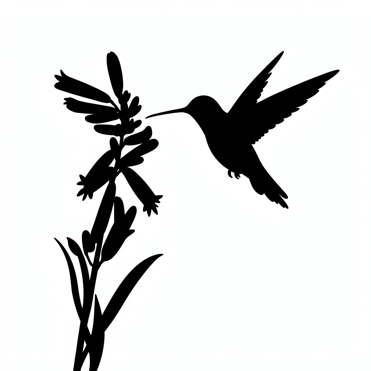 Solid black silhouette of a hovering hummingbird next to a tubular flower on a plain white background